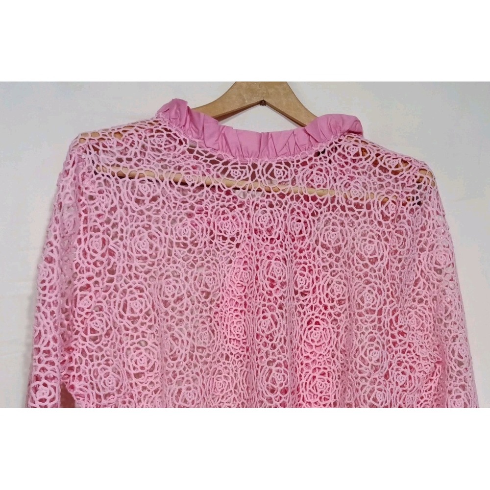Floral Lace Overlay Easter Fairycore Ruffle Neckline Pink Back Bow Sz L Nwt
